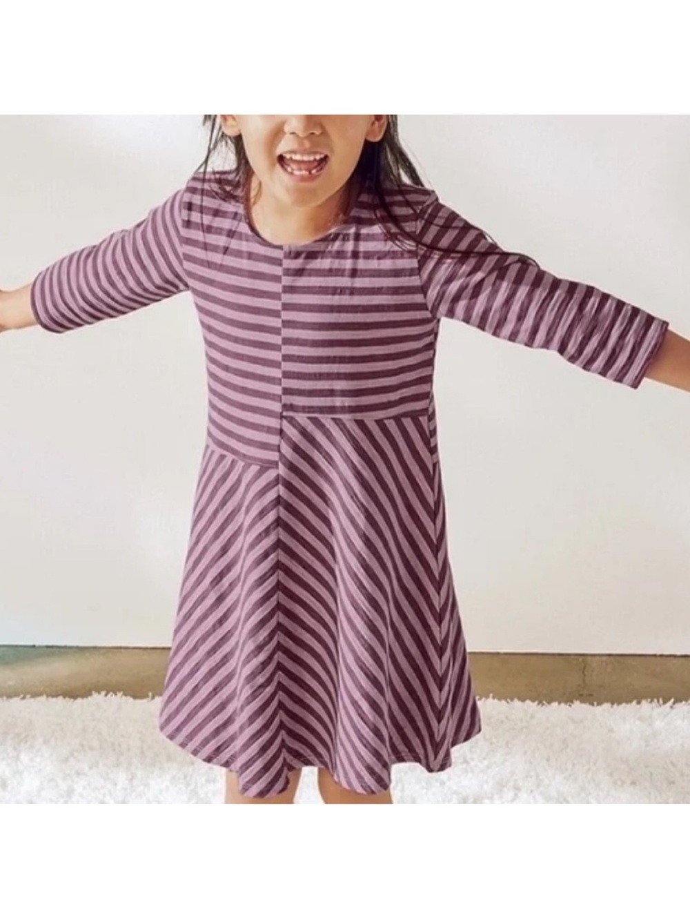 Garnet Hill Kids Striped Cotton Twirl Dress Purple Girls Size XL
